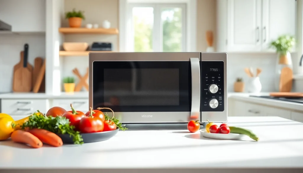 A stylish affordable microwave oven displayed in a bright kitchen setting with fresh ingredients.