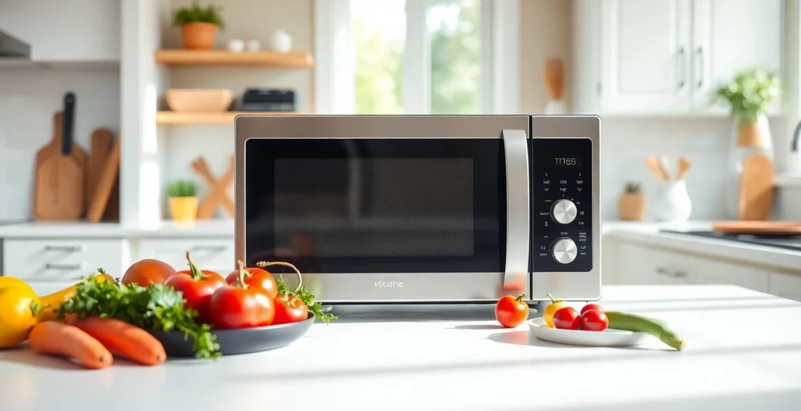 A stylish affordable microwave oven displayed in a bright kitchen setting with fresh ingredients.