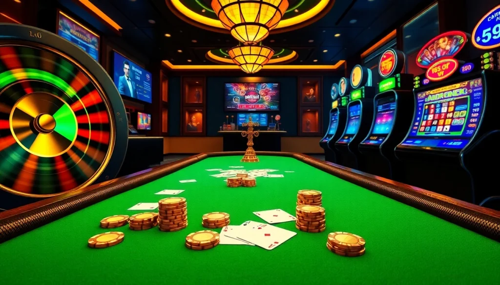 Experience thrilling action at OK365KD.COM with vibrant casino visuals featuring poker tables and slot machines.