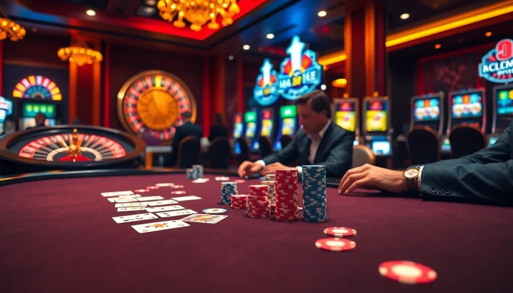 Engaging players at a poker table enjoying sh bet action in a luxurious casino setting.
