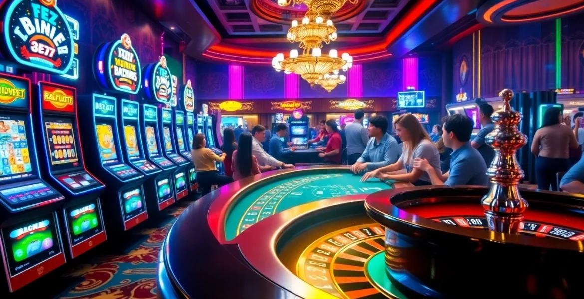 A dynamic casino gaming scene featuring enthusiasts at the poker table and colorful slot machines, inspired by https://marvelbet.site/.