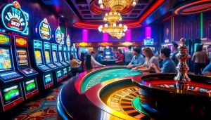 A dynamic casino gaming scene featuring enthusiasts at the poker table and colorful slot machines, inspired by https://marvelbet.site/.