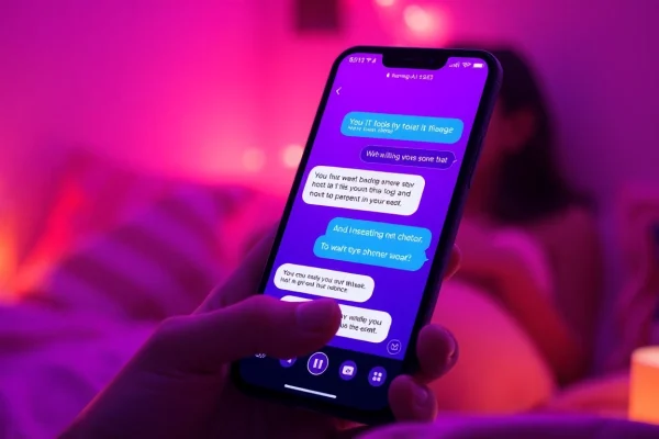 Engaging sex AI chat interaction on a smartphone in a cozy setting