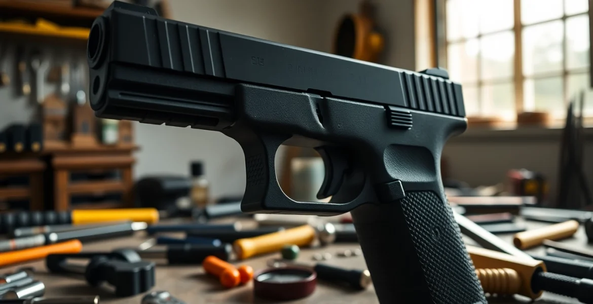 Customize your glock 19 pf940c frame with precision tools in a bright workshop environment.