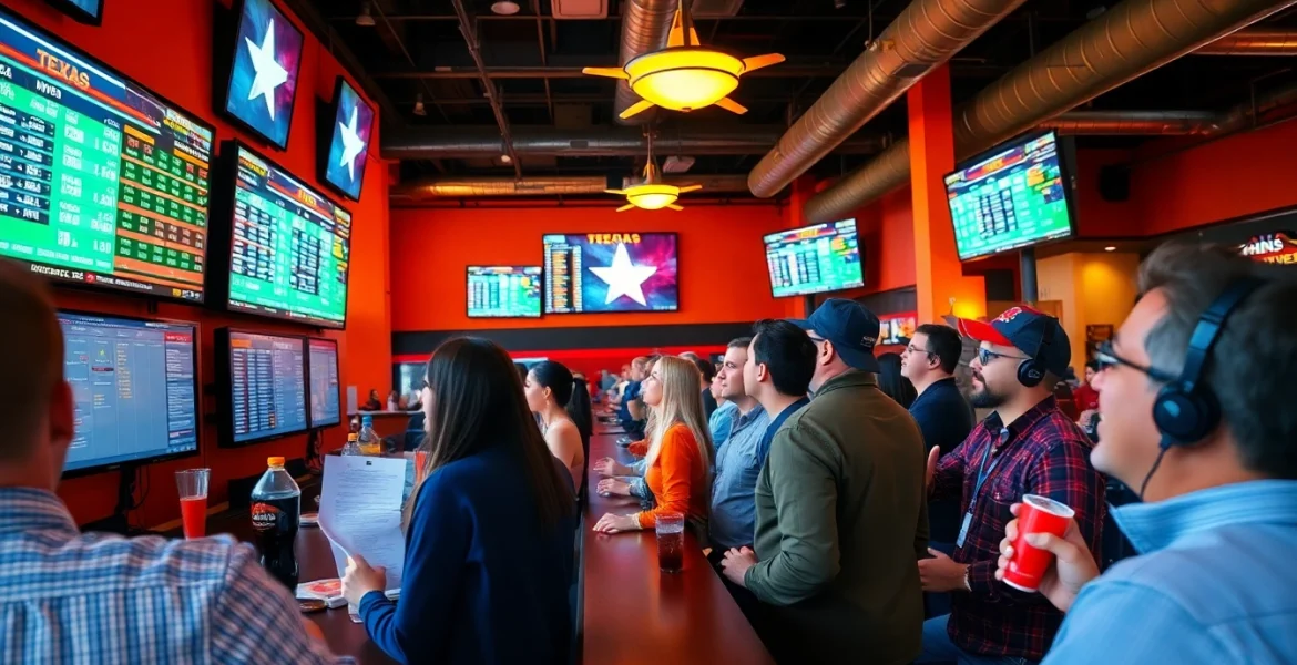 Engaging online sports betting Texas scene showcasing enthusiastic bettors and vibrant sportsbook.