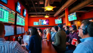 Engaging online sports betting Texas scene showcasing enthusiastic bettors and vibrant sportsbook.