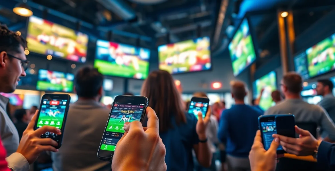 Engaging atmosphere of online sports betting Manitoba with enthusiastic individuals using devices in a sports bar.