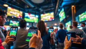 Engaging atmosphere of online sports betting Manitoba with enthusiastic individuals using devices in a sports bar.