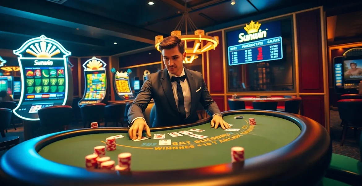 Players enjoying a thrilling game at Sunwin's luxurious casino table with vibrant gaming elements.