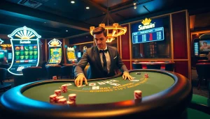 Players enjoying a thrilling game at Sunwin's luxurious casino table with vibrant gaming elements.