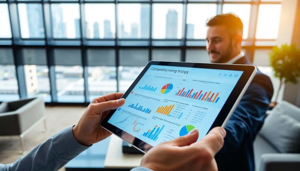 Analyze competitor pricing data in a modern office setting with a focus on digital tablets.