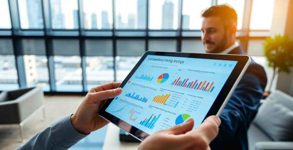 Analyze competitor pricing data in a modern office setting with a focus on digital tablets.