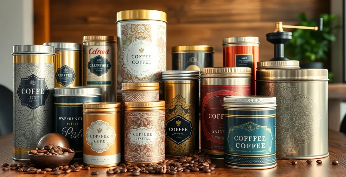 Elegant coffee tins with various designs and shapes displayed alongside coffee beans.