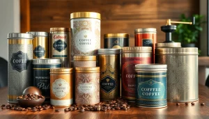 Elegant coffee tins with various designs and shapes displayed alongside coffee beans.