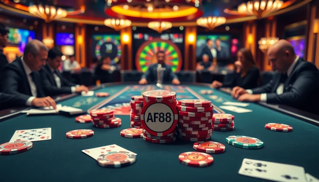 Gambling scene featuring AF88 poker chips and stylish casino environment, capturing excitement and luxury.