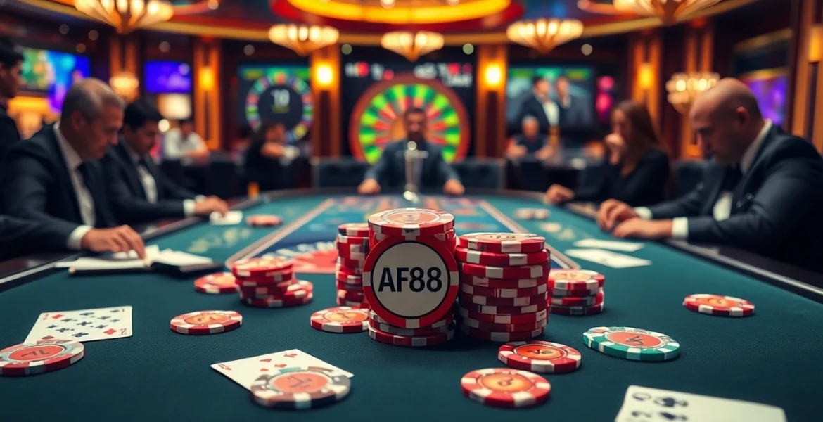 Gambling scene featuring AF88 poker chips and stylish casino environment, capturing excitement and luxury.