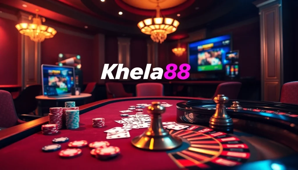 Khela88 bet interface with poker chips, cards, and a roulette wheel, capturing the excitement of online gambling.