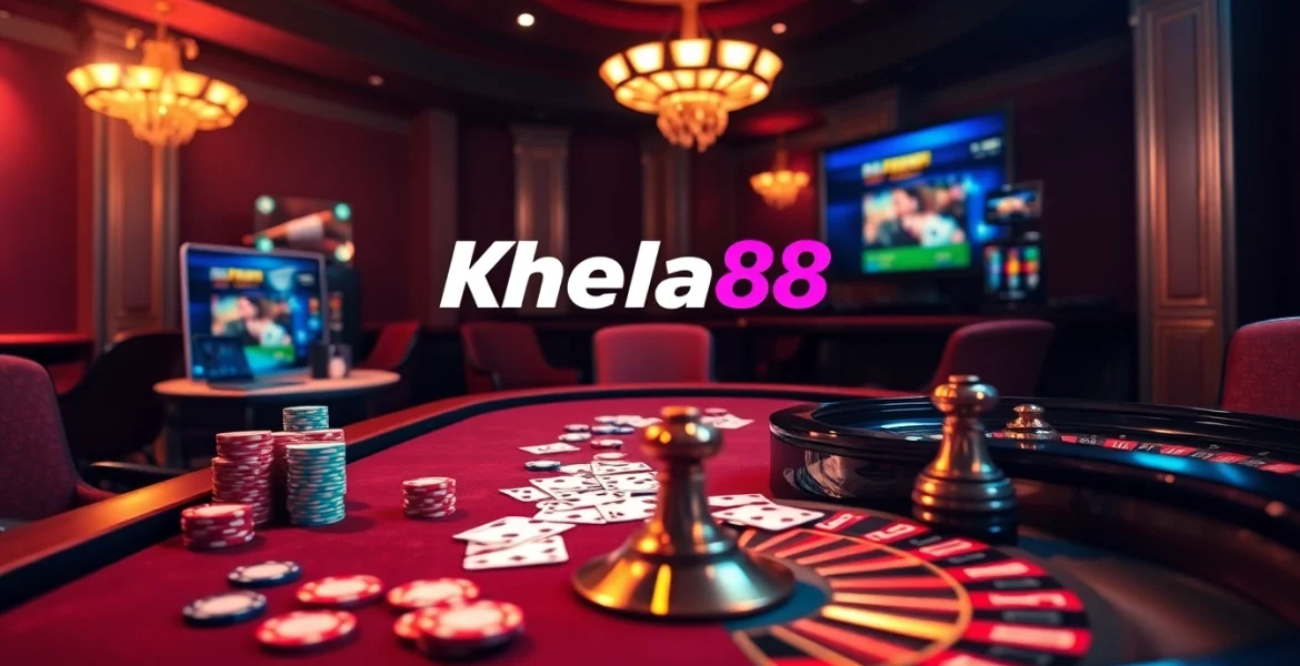 Khela88 bet interface with poker chips, cards, and a roulette wheel, capturing the excitement of online gambling.
