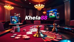 Khela88 bet interface with poker chips, cards, and a roulette wheel, capturing the excitement of online gambling.