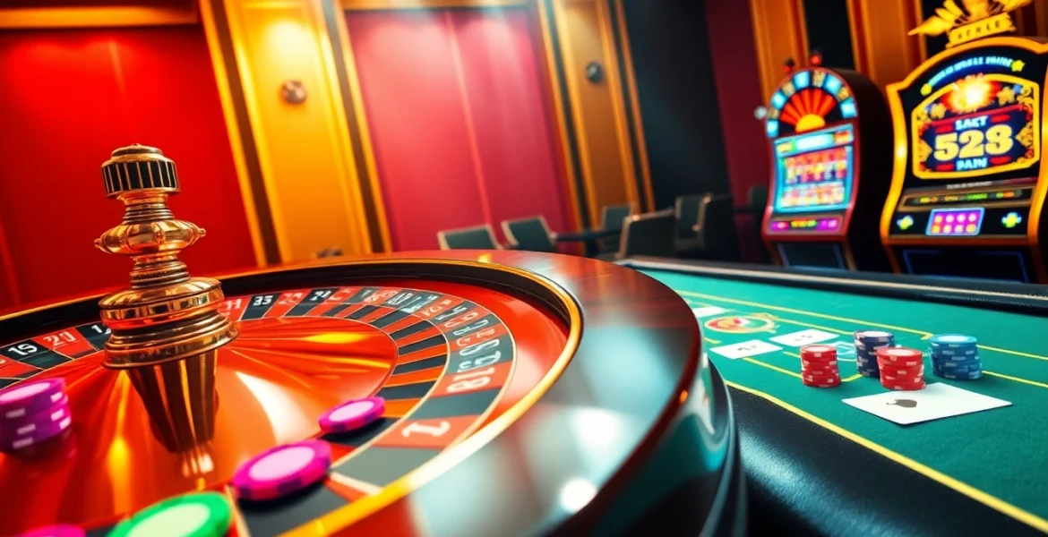 Experience the thrill of SC88 cá cược with an elegant roulette wheel and vibrant casino elements in a luxurious setting.