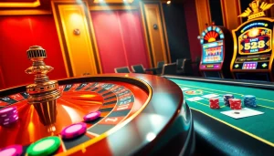 Experience the thrill of SC88 cá cược with an elegant roulette wheel and vibrant casino elements in a luxurious setting.