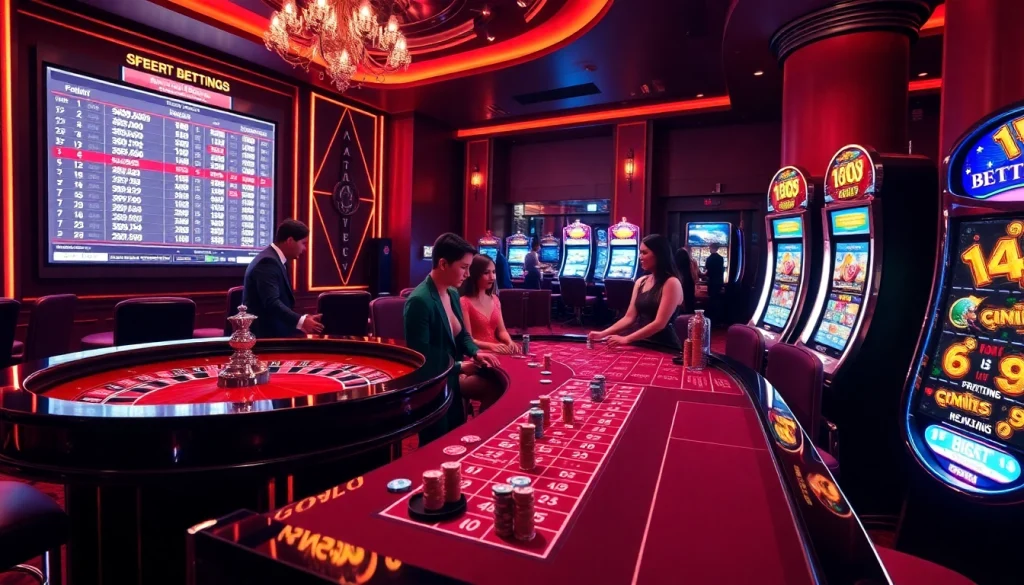 AF88 players excitedly place bets at an upscale casino illuminated by dazzling lights.