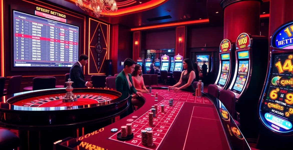 AF88 players excitedly place bets at an upscale casino illuminated by dazzling lights.