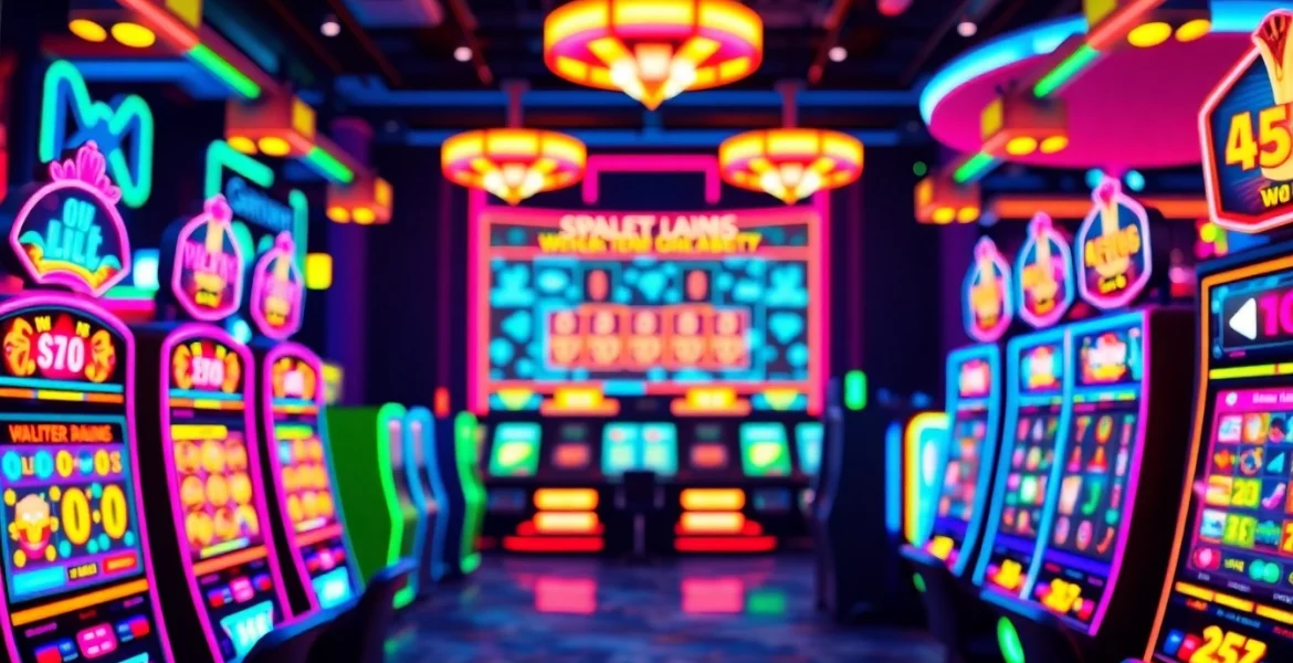 Menampilkan pengalaman seru slot deposit pulsa yang memikat dengan mesin slot berwarna cerah.