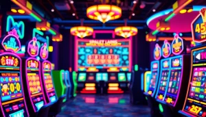 Menampilkan pengalaman seru slot deposit pulsa yang memikat dengan mesin slot berwarna cerah.