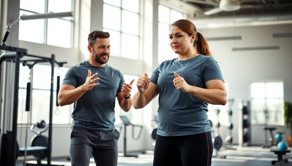 Fitness coach aids client in overcoming weight loss plateau in a bright gym.