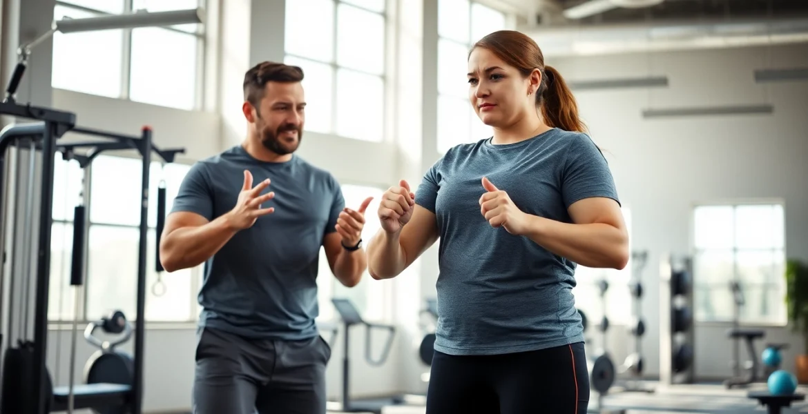 Fitness coach aids client in overcoming weight loss plateau in a bright gym.