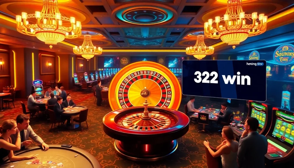 Experience the excitement of 32 win in a luxurious casino setting filled with roulette wheels and poker tables.