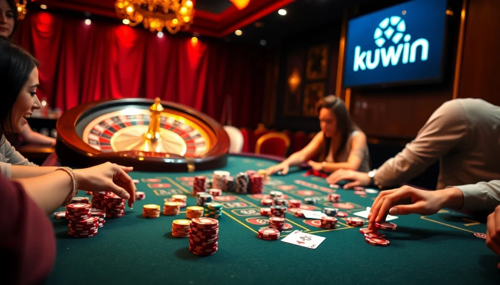 Kuwin1 players excitedly betting at a vibrant casino table, showcasing the thrill of the game.