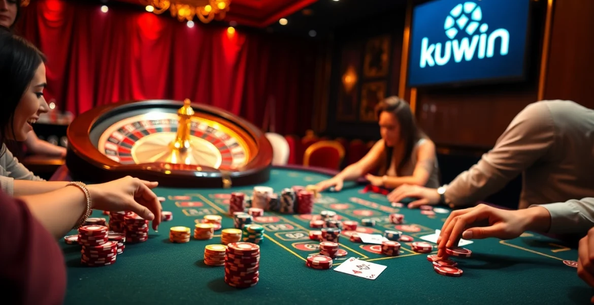 Kuwin1 players excitedly betting at a vibrant casino table, showcasing the thrill of the game.