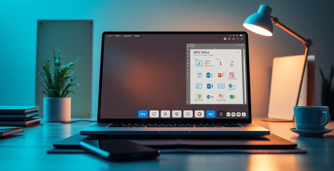 WPS办公软件 displayed on a modern office laptop, exemplifying productivity and innovation.