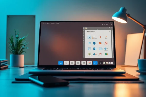 WPS办公软件 displayed on a modern office laptop, exemplifying productivity and innovation.