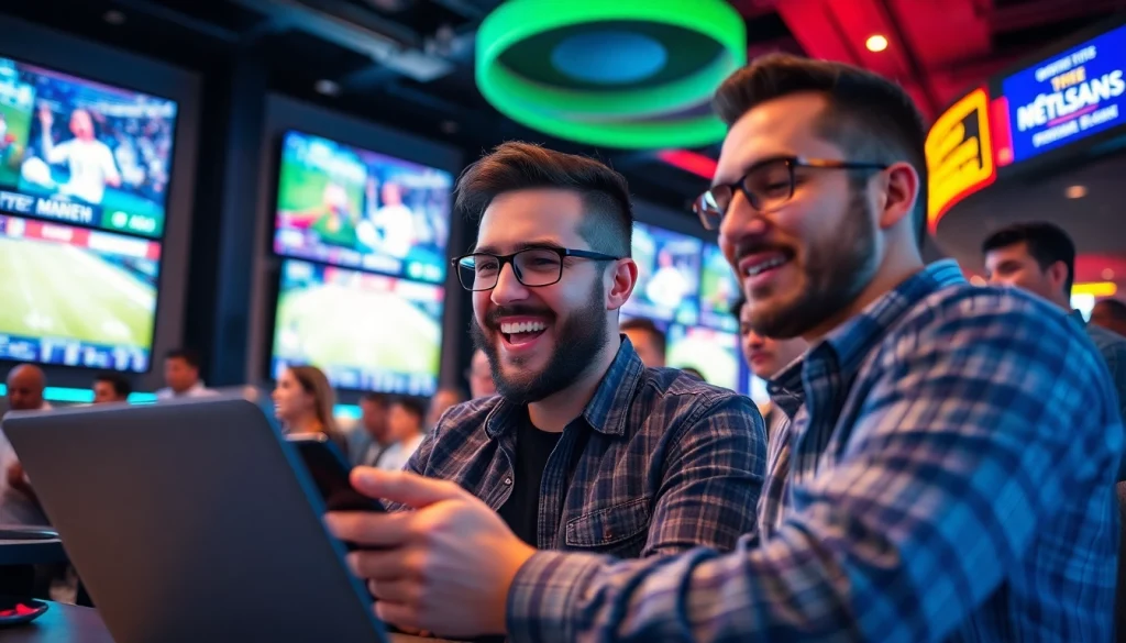 Gambler engaged in online sports betting Oklahoma at a vibrant modern sportsbook filled with live games.