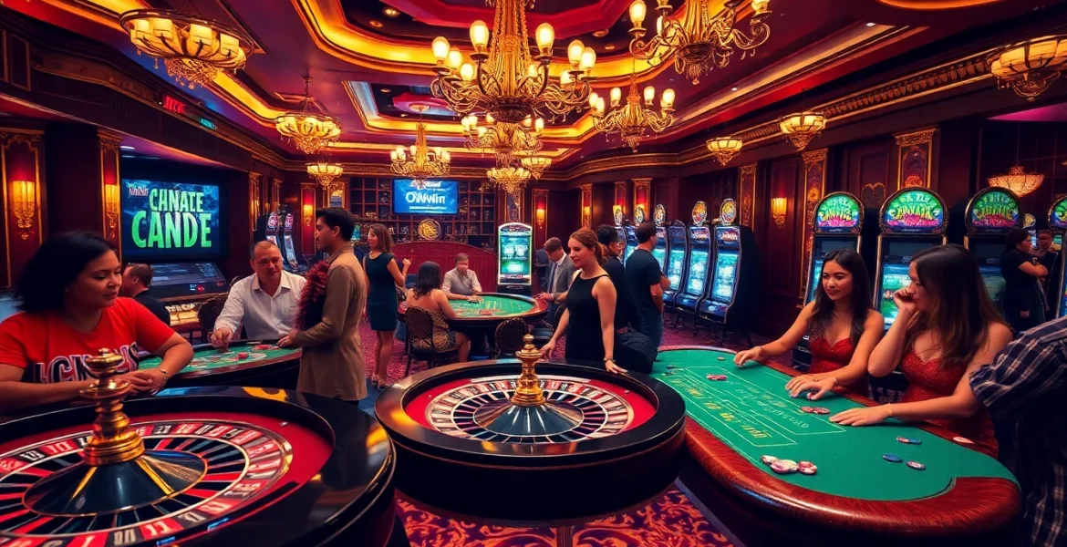 Experience the thrill of winning at okvwin with vibrant casino elements like roulette and poker tables.