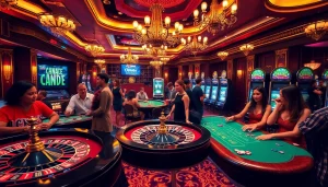 Experience the thrill of winning at okvwin with vibrant casino elements like roulette and poker tables.