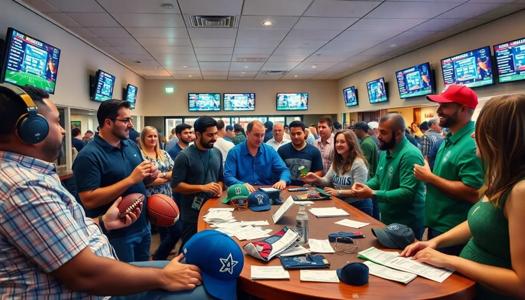 Engaging atmosphere of online sports betting Alabama with people discussing bets in a vibrant lounge.