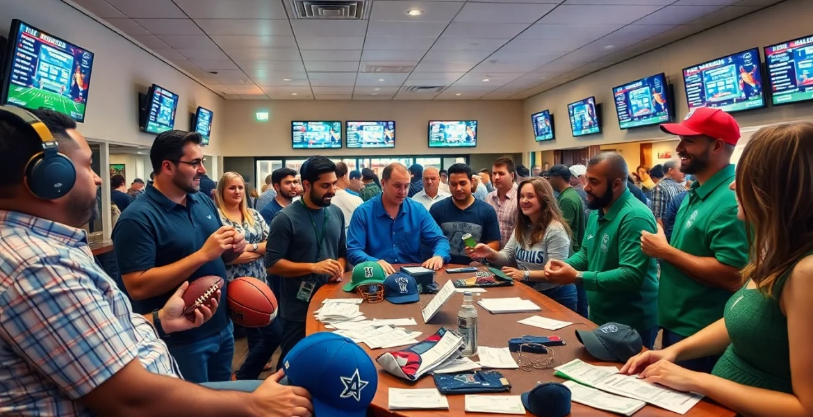 Engaging atmosphere of online sports betting Alabama with people discussing bets in a vibrant lounge.