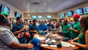 Engaging atmosphere of online sports betting Alabama with people discussing bets in a vibrant lounge.