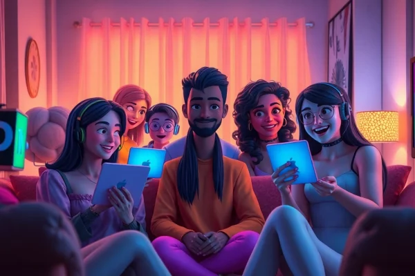 Engaging scene of animated characters in a sex chat AI conversation, showcasing emotion and intimacy.