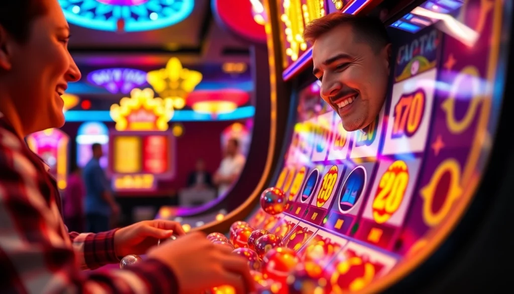 Permainan slot plinko yang menarik dengan pemain penuh semangat menjatuhkan bola.