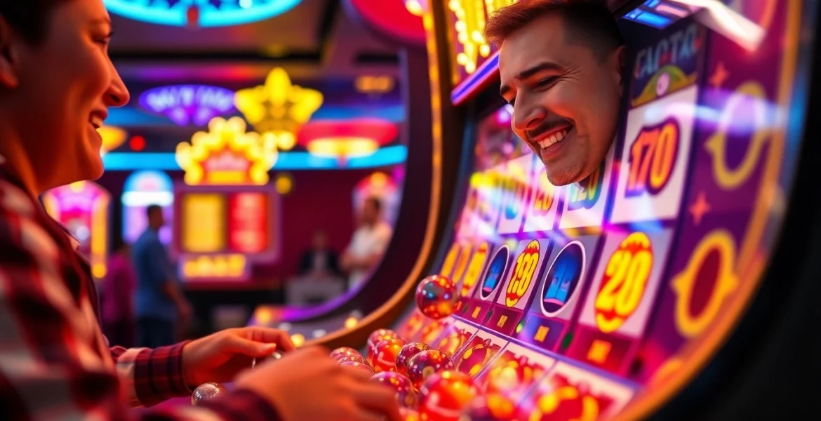 Permainan slot plinko yang menarik dengan pemain penuh semangat menjatuhkan bola.