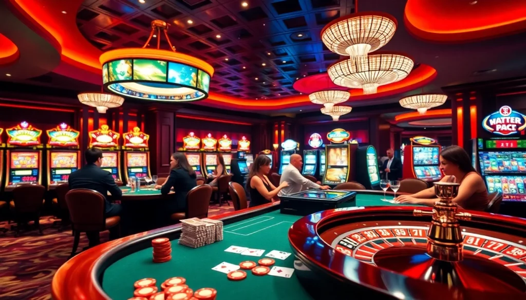 High-energy casino scene featuring Tha bet with poker chips, a roulette wheel, and players enjoying games.