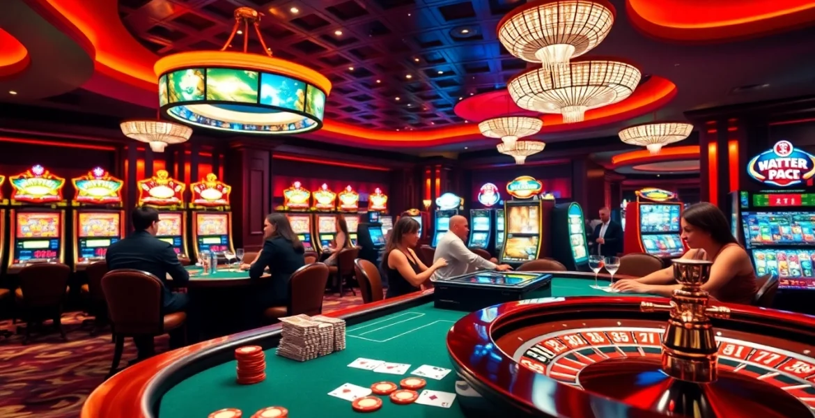High-energy casino scene featuring Tha bet with poker chips, a roulette wheel, and players enjoying games.