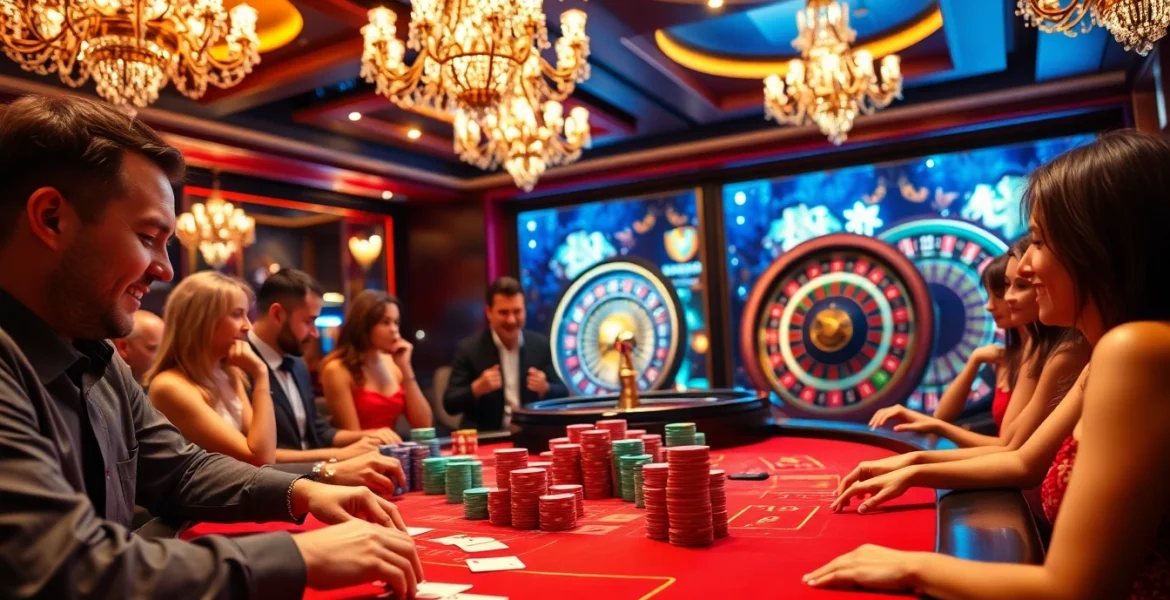 Experience excitement at https://mm88.london/ with a lively casino game packed with players and vibrant elements.