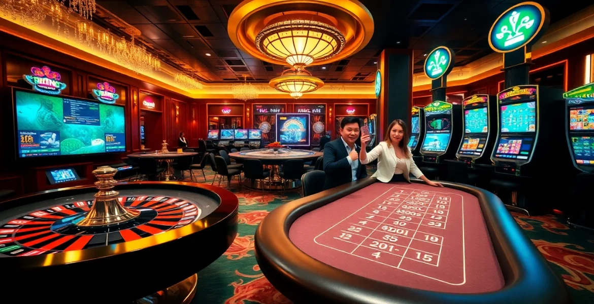 An immersive online gambling experience at https://jun88ld.com/ featuring a casino table, slot machines, and vibrant gambling activity.