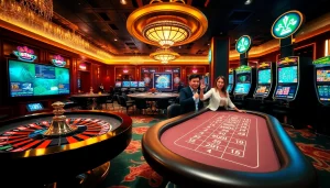An immersive online gambling experience at https://jun88ld.com/ featuring a casino table, slot machines, and vibrant gambling activity.